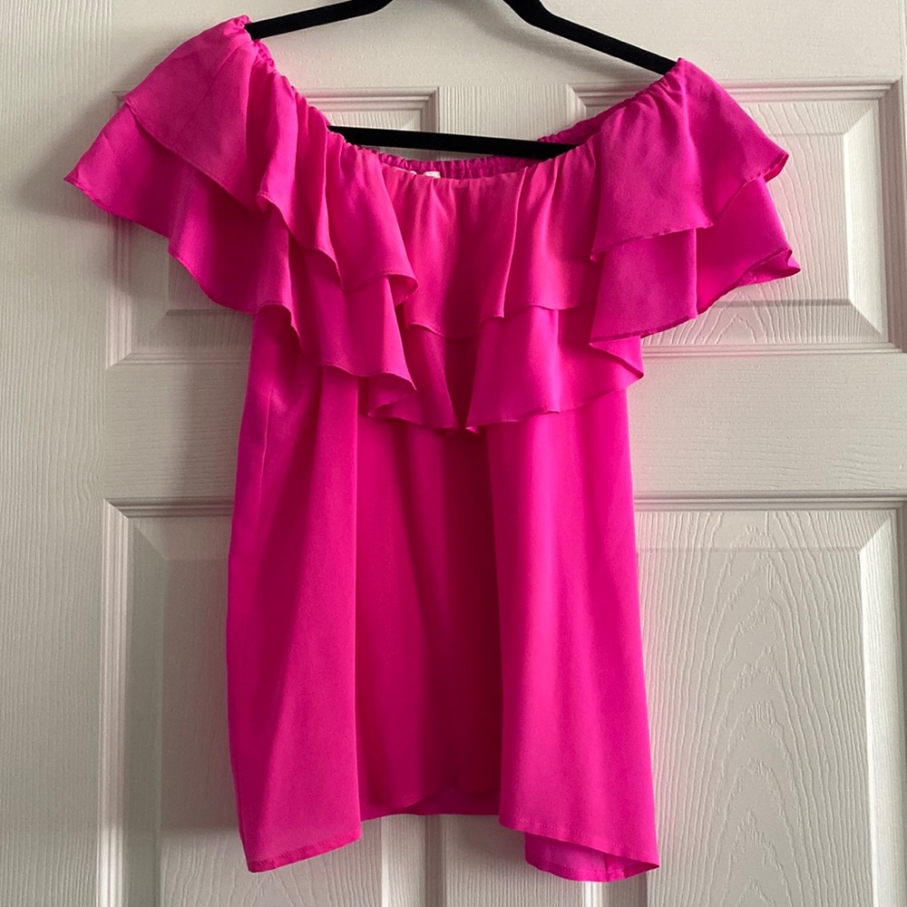 Julie Brown pink off-shoulder silk top